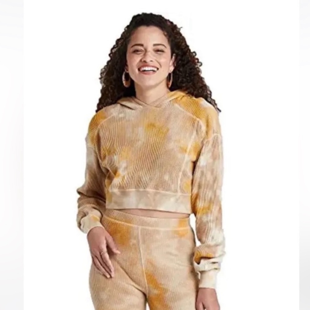 Women's Tie-Dye Cropped Waffle Boxy Hoodie Wild‎ Fable Brown Sz L NWT